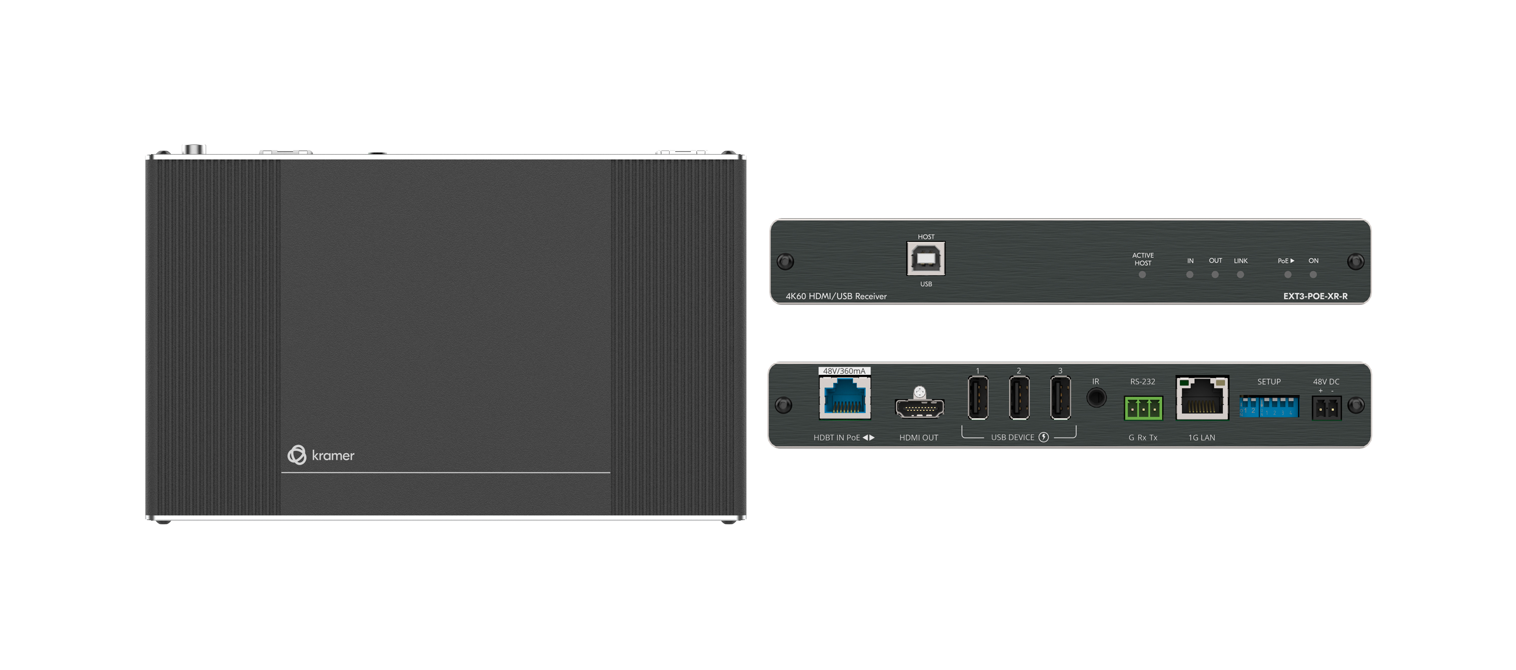 EXT3-POE-XR-R 4K60 4:4:4 Receiver with Bidirectional PoE, USB, Ethernet, RS–232, & IR over Extended–Reach HDBaseT 3.0