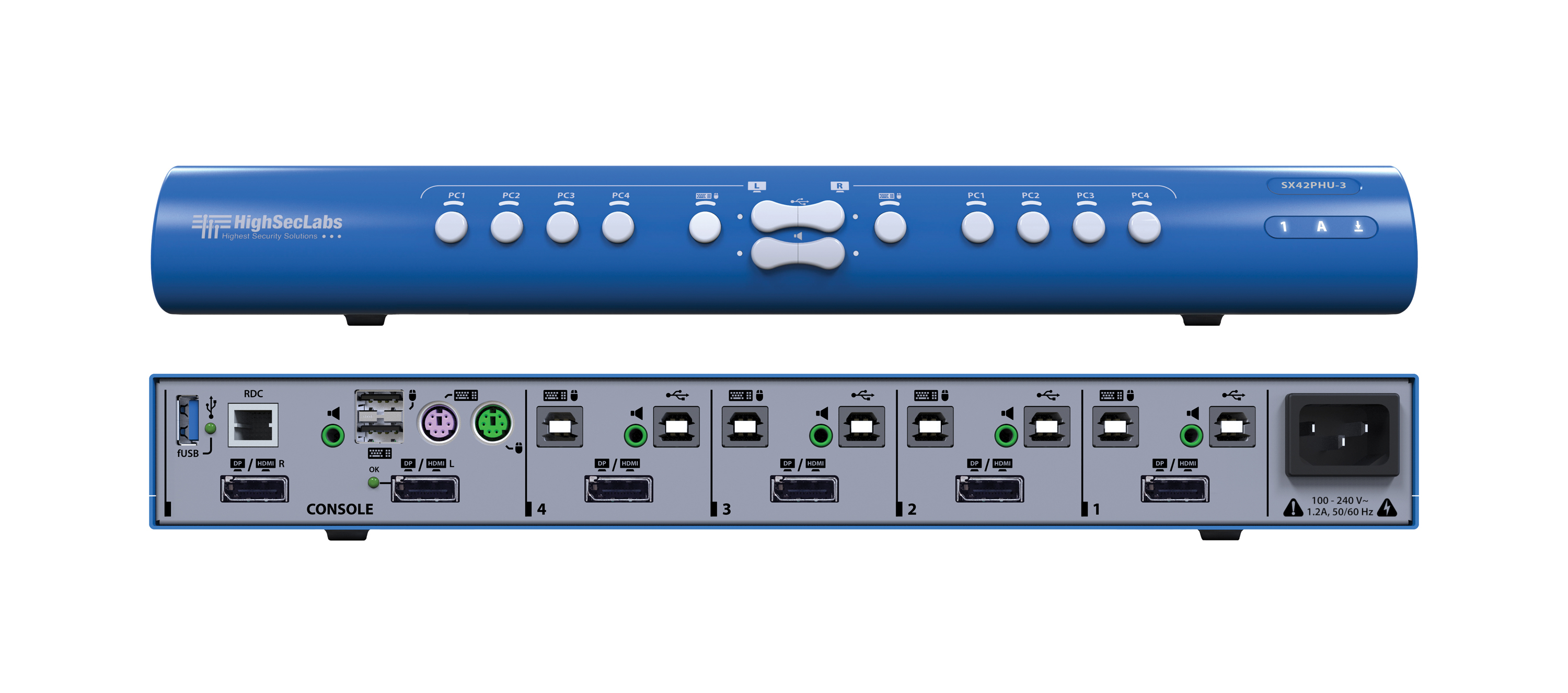 SX42PHU-3(CPN15410) HighSecLabs Secure SH Mini–Matrix KVM 4–Port DP/HDMI to DP/HDMI video, w/fUSB, PP 3.0