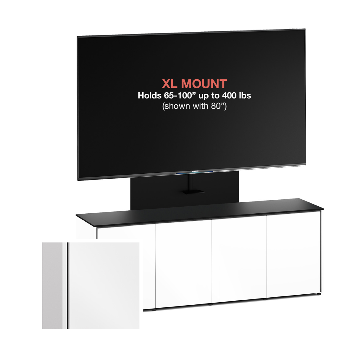 D2/347AMXL/MM/GW/BK 4 Bay, Single XL Monitor Credenza, Miami- Gloss White / Black Phenolic